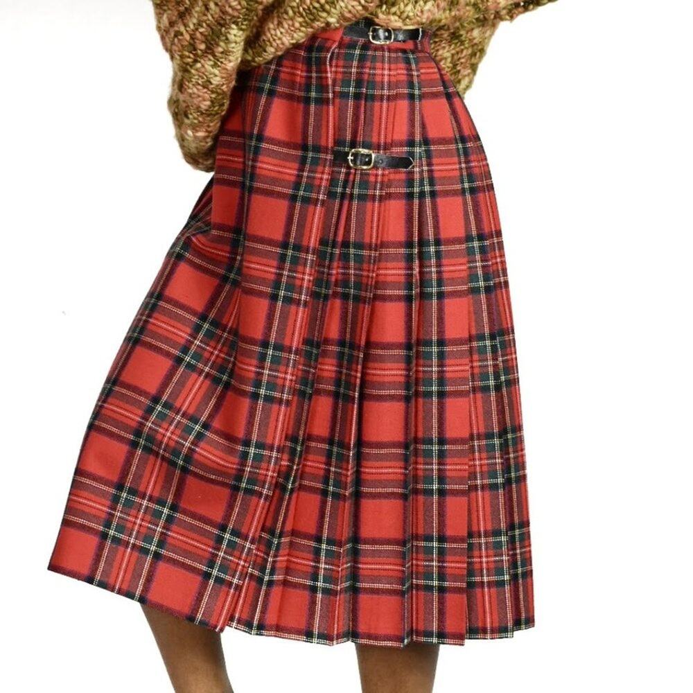 Chaus Tartan Skirt Red Vintage Midi Plaid Check Kilt Pleats Wrap Wool Size Small